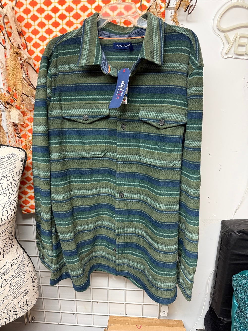 Nautica Green and Navy Striped Lightweight Shirt Jacket